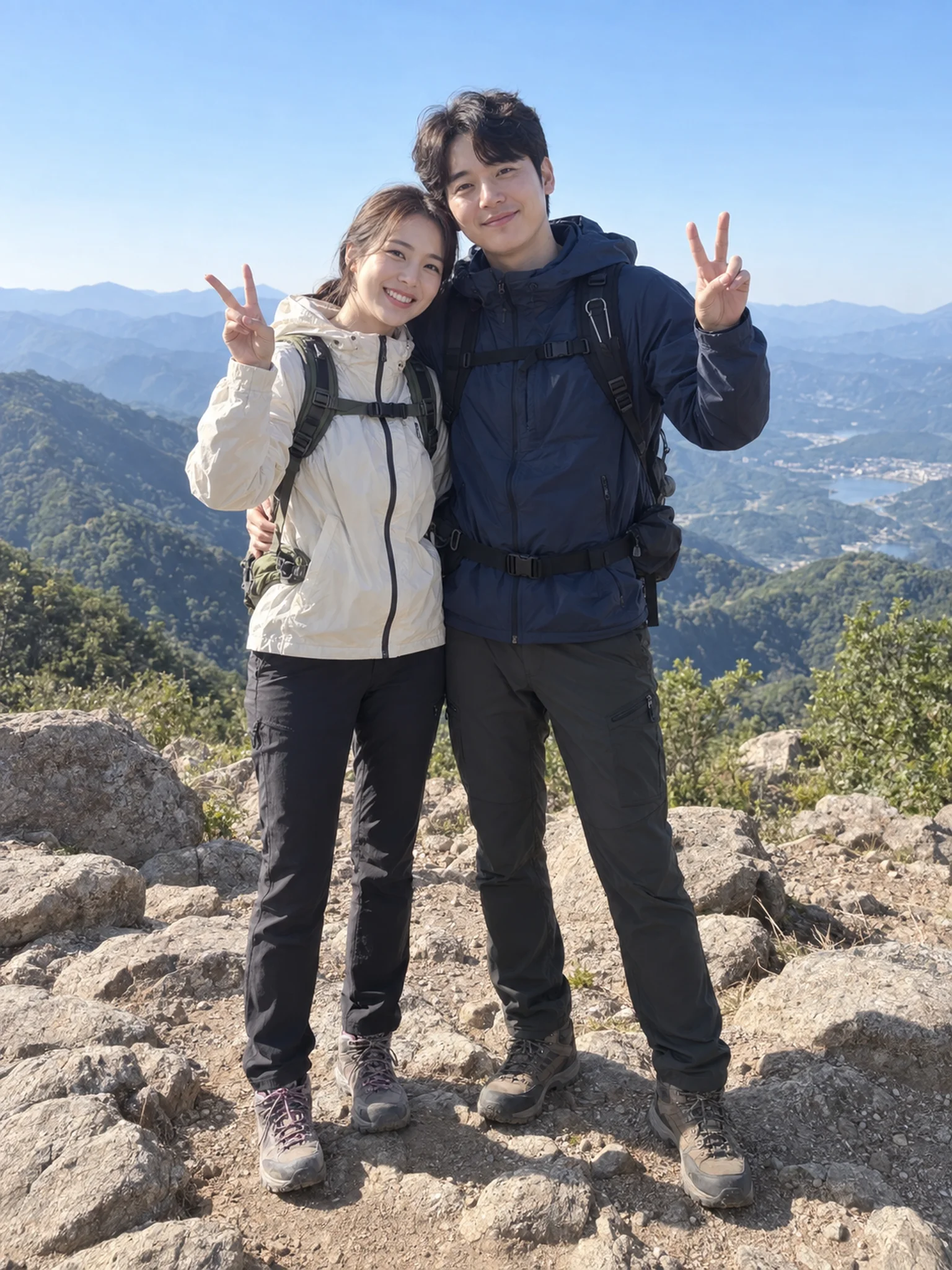 산 정상에서 다정하게 브이 포즈를 한 커플의 입력 예시 이미지