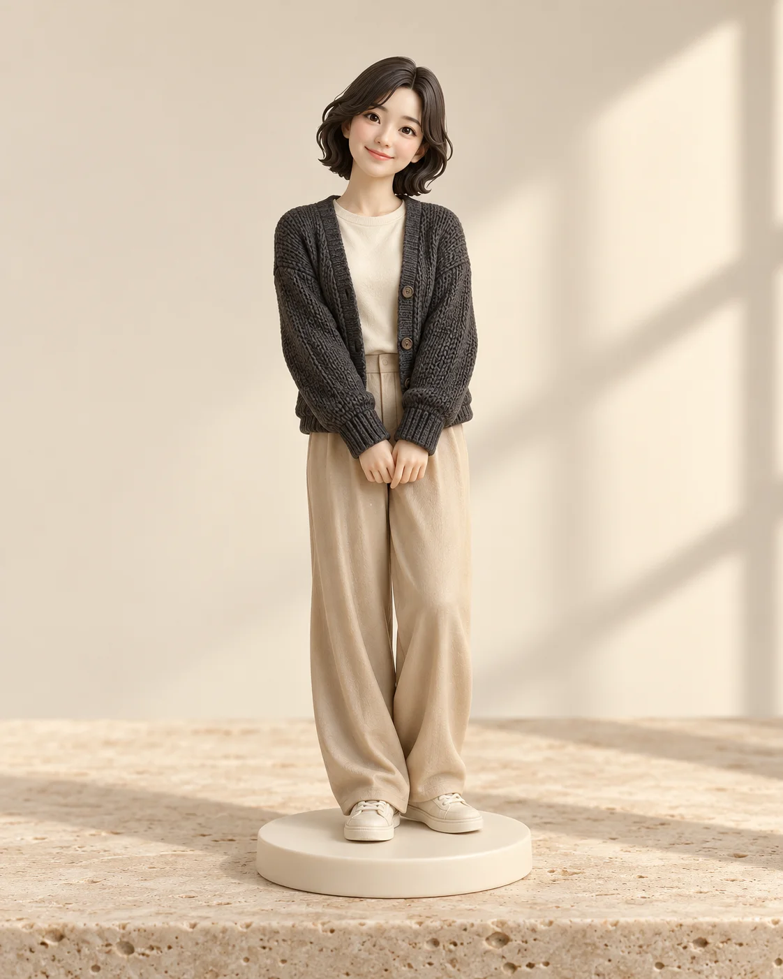 밝은 니트와 베이지색 바지를 입은 1인 피규어 디자인 예시